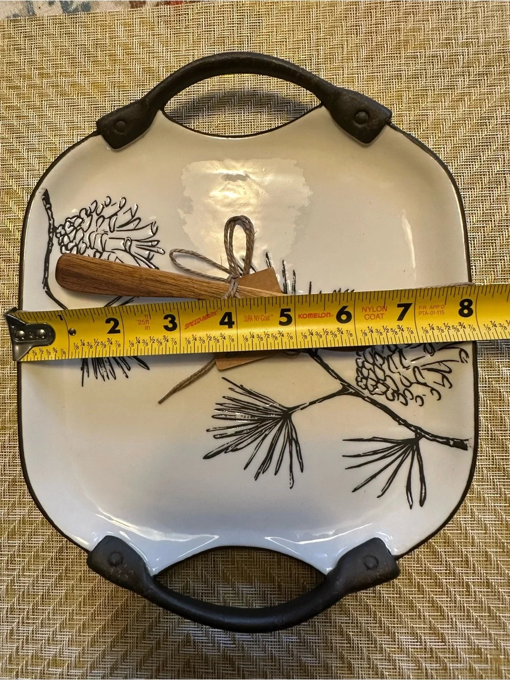 Mud Pie White Ceramic Tray with Black Pinecone Illustration and Iron Handles